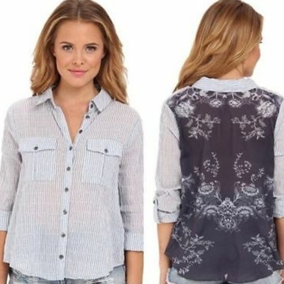 Free People shirt blue and white stripe navy floral top small s summer blouse - Picture 1 of 8